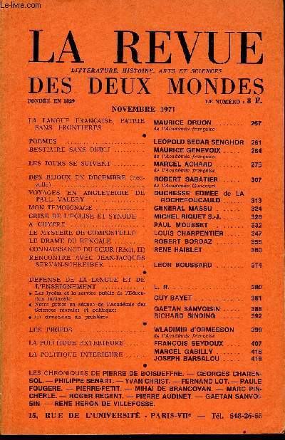 LA REVUE LITTERATURE, HISTOIRE, ARTS ET SCIENCES DES DEUX MONDES N11 - LA LANGUE FRANAISE, PATRIE SANS FRONTIERES. MAURICE DRUON de l'Acadmie franaise.POEMES .. LEOPOLD SEDAR SENGHOR. BESTIAIRE SANS OUBLI . MAURICE GENEVOIX. de l'Acadmie
