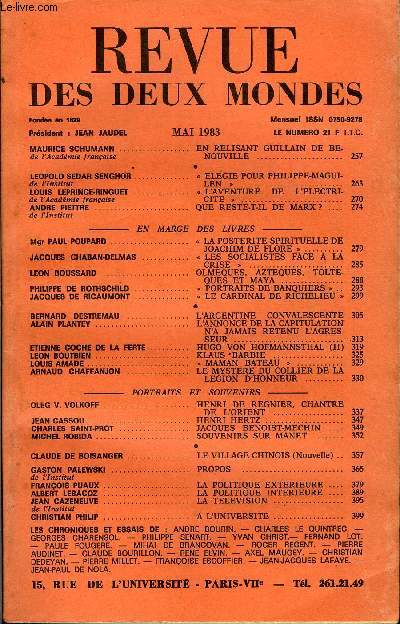 REVUE DES DEUX MONDES N5 - MAURICE SCHUMANN de l'Acadmie franaise. EN RELISANT GUILLAIN DE BENOUVILLE .LEOPOLD SEOAR SENGHOR de l'Institut..  ELEGIE POUR PHILIPPE-MAGUILEN  ..LOUIS LEPRINCE-RINGUET de l'Acadmie franaise.