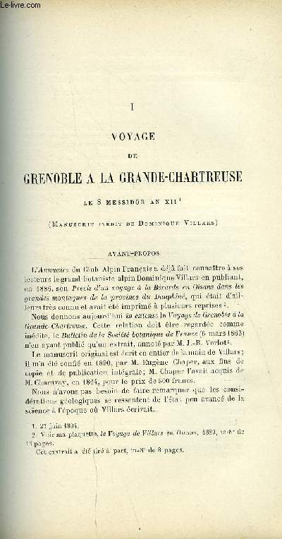 EXTRAIT DE L'ANNUAIRE DU CLUB ALPIN FRANCAIS 23e ANNEE - I. Voyage de Grenoble a la Grande-Chartreuse le 8 messidor an XII (manuscrit indit de Dominique Villars), II. Excursions romantiques a la mer de glace par M. Julien Bregeault