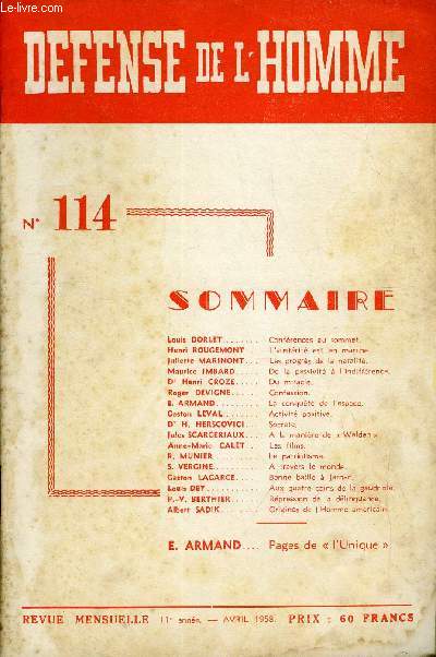 DEFENSE DE L'HOMME 11e ANNEE N 114 - Louis DORLET.  Confrences au sommet.Henri ROUCEMONT. L'austrit est en marche.Juliette MARINONT. Les progrs de la natalit.Maurice IMBARD.. De la passivit  l'indiffrence.Dr Henri CROZE.