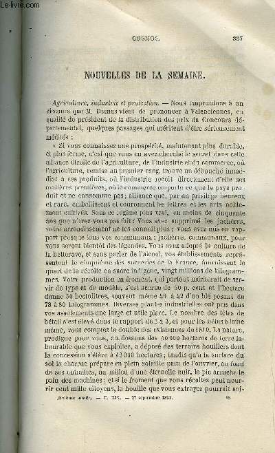 COSMOS N 13 - Agriculture, industrie et protection, Rage et perchlorure de fer, Electricit par vaporation par M. Palmieri, Sur le nombre maximum de signaux tlgraphiques lmentaires qu'on peut transmettre dans un temps donne par M. Guillemin, Chimie