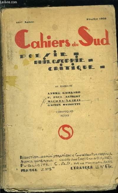 LES CAHIERS DU SUD N 118 - L'ombre et la Proie (fragments) par Andr Gaillard, Le collier d'aiguilles de pin par Franois Paul Alibert, Les cloches de Nantes par Michel Leiris, Svea Morgen par Gaston Baissette, Les livres par Gaston Baissette