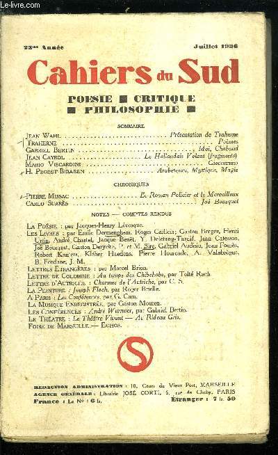 LES CAHIERS DU SUD N 185 - Prsentation de Traherne par Jean Wahl, Pomes par Traherne, Moi, Chabaud par Gabriel Bertin, Le Hollandais Volant (fragments) par Jean Cayrol, Giovannino par Mario Viscardini, Arabesque, Mystique, Magie par H. Probst-Biraben