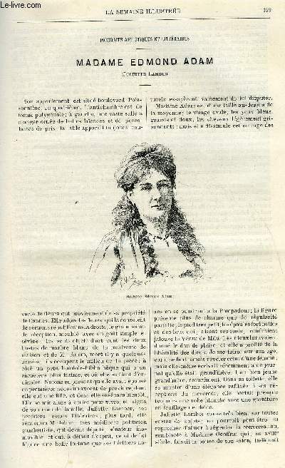 LA SEMAINE ILLUSTREE ET LE MESSAGER DE LA SEMAINE N 7 - Autour du monde - Prague par H. Myrtan, La fournaise (suite) par Charles Deslys, Chasse a l'opossum par Henry Martin-Dairvault, Madame Edmond Adam (Juliette Lamber) par V.B., Le canon de Ligny