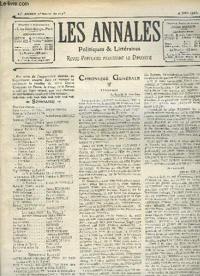 ANNALES POLITIQUES ET LITTERAIRES N 1145 DU 4 JUIN 1905. SOMMAIRE: POESIES, DISSERTATION DE YVETTE PROST, JOURNAL INTIME DE CAUBET LOUIS, AU VENT DU SUD DE BOISNARD...