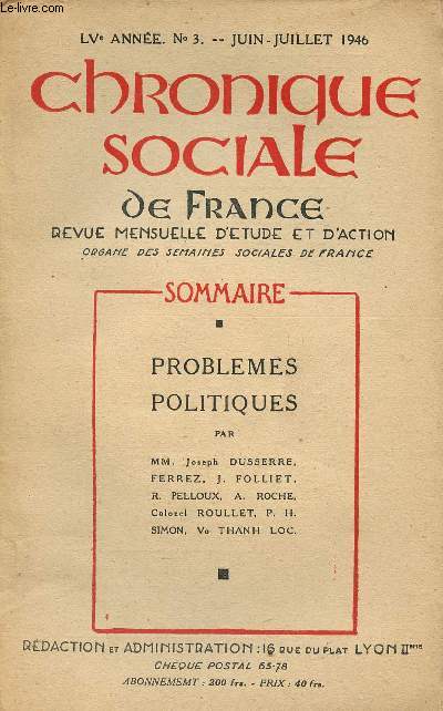 CHRONIQUE SOCIALE DE FRANCE N3 - JUIN/JUI 46