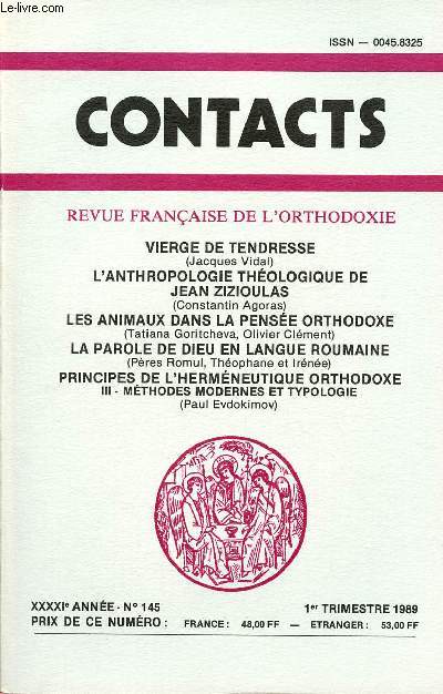 CONTACT N145- 1ER TRIM 89 : Vierge de tendresse, oar Jacques Vidal /Les animaux dans la pense orthodoxe, par Tatiana Goritcheva, Olivier Clment,etc