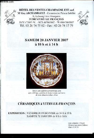 Catalogue de vente aux enchres - 20 janvier - Htel des ventes Champagne Est Sarl - Vitry le Franois :  Cramiques