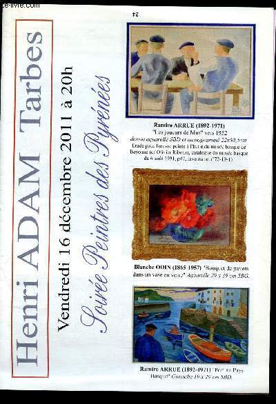 Catalogue de vente aux enchres - 16 dcembre 2011 - Henri Adam - Tarbes :  Mobilier, tableaux et objets d'arts