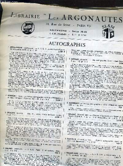 LIBRAIRIE LES ARGONAUTES - AUTOGRAPHES .