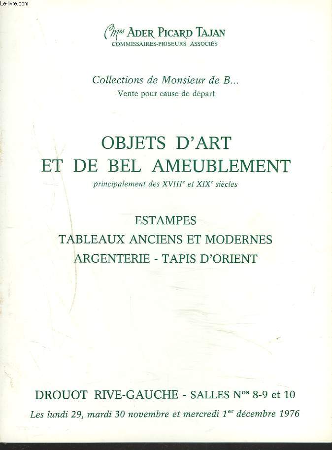 OBJETS D'ART ET DE TRES BEL AMEUBLEMENT, PRINCIPALEMENT DU XVIIIe SIECLE. LE 23 JUIN 1977. ESTAMPES, TABLEAUX ANCIENS ET MODERNES, ARGENTERIE, TAPIS D'ORIENT.
