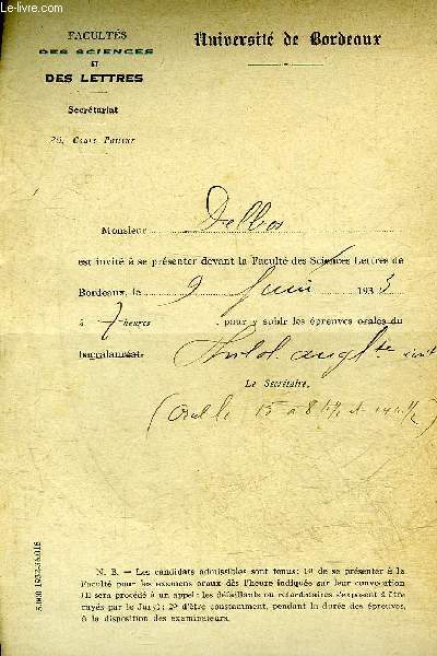 UNE LETTRE DU SECRETARIAT DE LA FACULTES DES SCIENCES ET DES LETTRES - UNIVERSITE DE BORDEAUX.