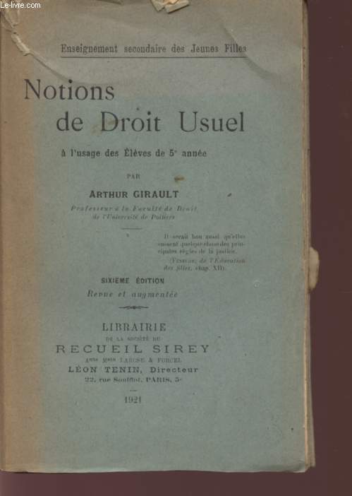 NOTIONS DE DROIT USUEL - A L'USAGE DESD ELEVES DE 5 ANNEE - SIXIEME EDITION.