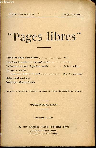 PAGES LIBRES / N316  - SEPTIEME ANNEE / 19 JANVIER 1907.