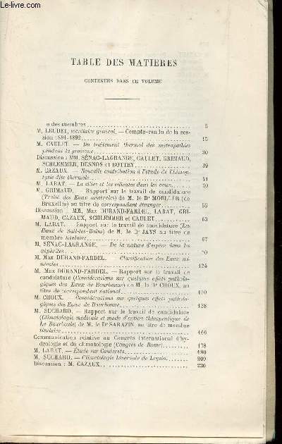 ANNALES DE LA SOCIETE D'HYDROLOGIE MEDICALE DE PARIS - TOME 38 / Nouvelle cotriburion a l'etude de l'hmotysie site thermale / De la nature d'especes dans les nphrites / Effets pathologiques des eaux de Bourbonne / etc...