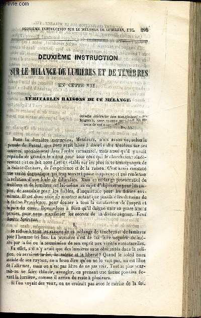 2e instruction sur le melange de lumieres et de tenebres en cette vie - veritables raisons de ce melange / Du travail selon l'enseignement chretien - discours / Les passions / Disocurs de Mgr l'eveque de Poitiers /  Mandement de Mgr l'eveque d'Arras ....
