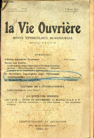 LE SOCIALISME IMPERIALITE DANS L'ALLEMAGNE  / EXTRAITS DE LA REVUE 