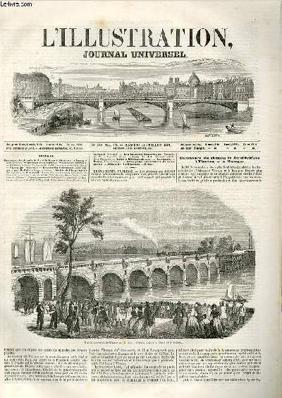 L'ILLUSTRATION JOURNAL UNIVERSEL N 230 - Ouverture du chemin de fer d'Orlans  Vierzon et  Bourges. Une Gravure. - Histoire de ia semaine. - Courrier de Paris.-L'Idloie, ballade. Paroles de M. E. M.; musique de M. d'A. Scard.-Chronique musica......