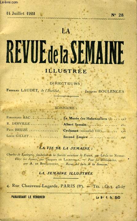 LA REVUE DE LA SEMAINE ILLUSTREE 3E ANNEE N 28. FERDINAND BAC: LE MUSEE DES HOBENZOLLERN (I) - DERILLE: ALBERT SAMAIN - HEUZE: CYCLAMEN (III) - GILLET: SECOND EMPIRE
