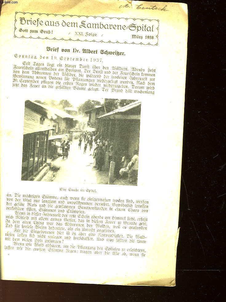 BRIEFE AUS DEM LAMBARENE SPITAL - MARS 1938