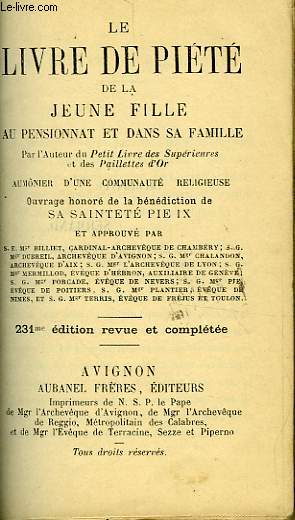 APPROBATIONS DU LE LIVRE DE PIETE DE LA JEUNE FILLE