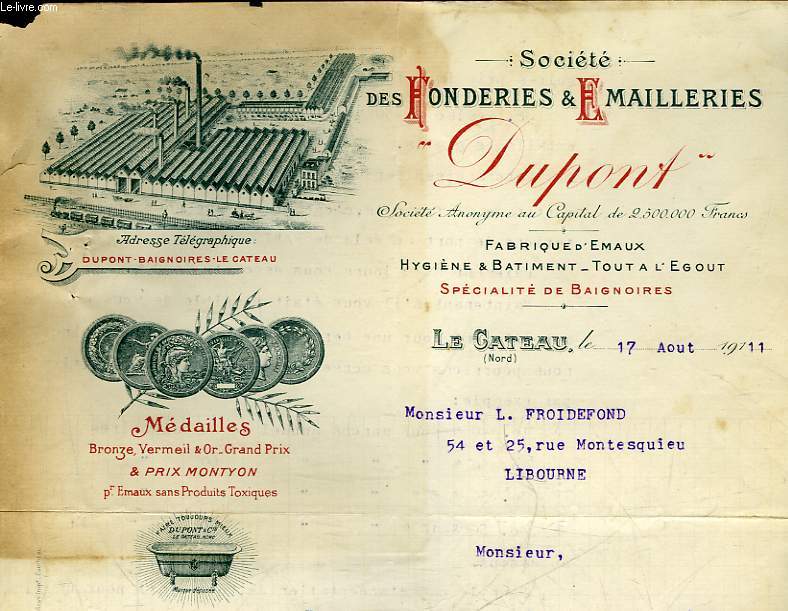 1 FACTURE ANCIENNE - SOCIETE DE FONDERIES ET EMAILLERIES DUPONT