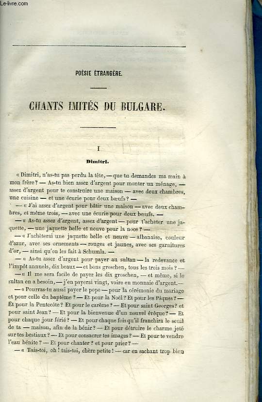 EXTRAIT DE LA REVUE BRITANNIQUE - POESIE ETRANGERE - CHANTS IMITES DU BULGARE