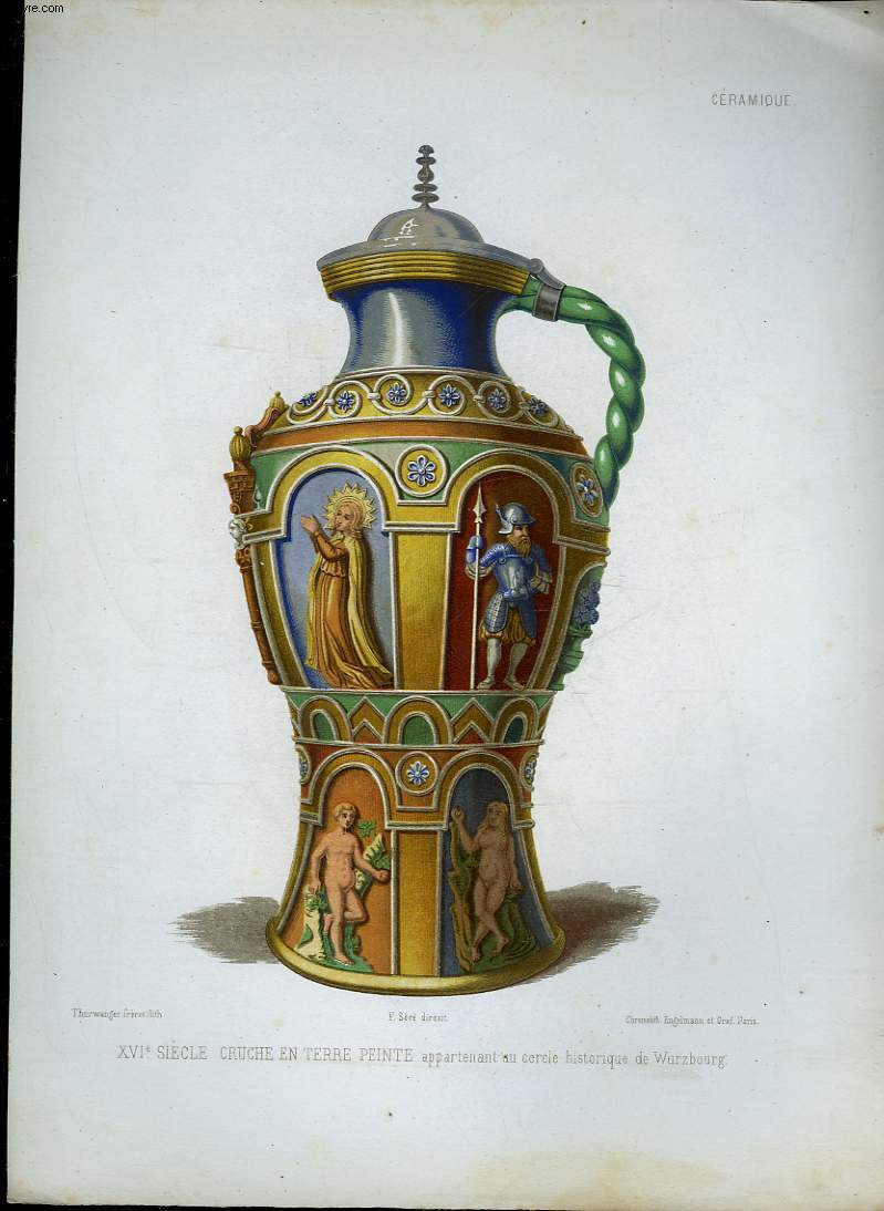 1 GRAVURE 19 COULEURS - 16 SIECLE CRUCHE EN TERRE PEINTE APPARTENANT AU CERCLE HISTORIQUE DE WURZBOURG