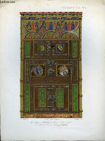 1 GRAVURE 19 COULEURS - 15 SIECLE : ARMOIRE EN CHENE SCULPTE ET PEINT A L'HOTEL DE VILLE DE LUNEBOURG