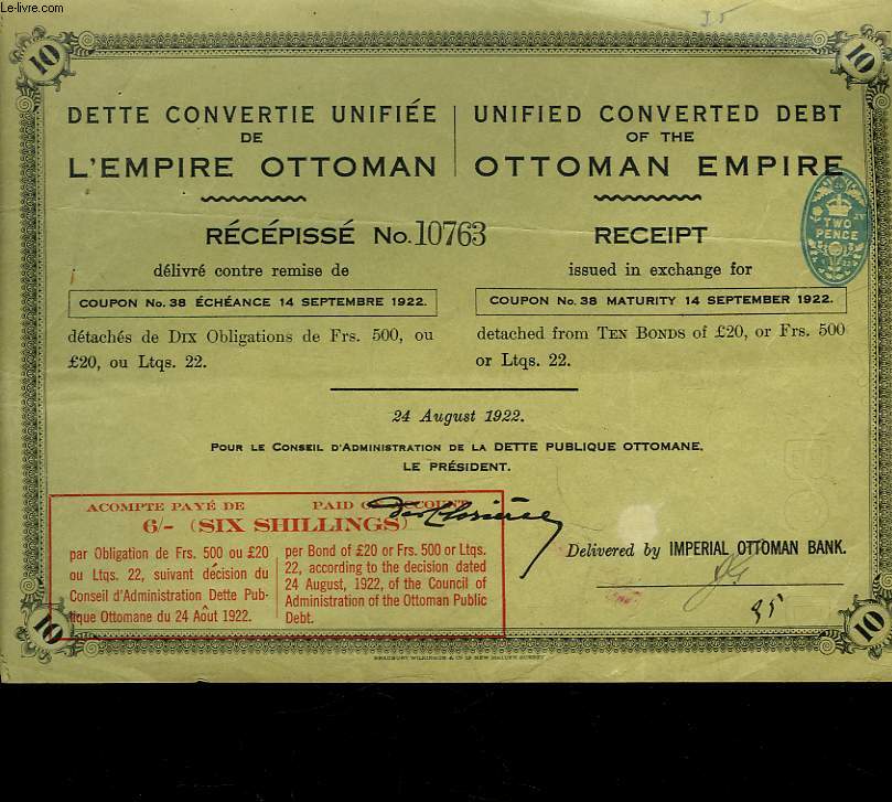 1 DETTE CONVERTIE UNIFIEE DE L'EMPIRE OTTOMAN - RECEPISSE
