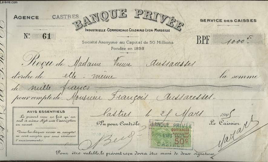 1 RECU DE LA BANQUE PRIVEE