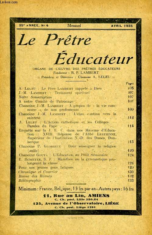 LE PRETRE EDUCATEUR, 35e ANNEE (NOUVELLE SERIE), N 4, AVRIL 1935