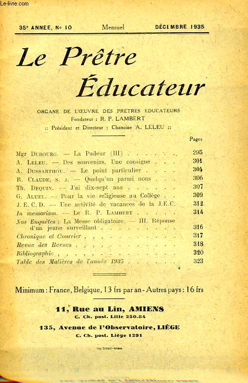 LE PRETRE EDUCATEUR, 35e ANNEE (NOUVELLE SERIE), N 10, DEC. 1935