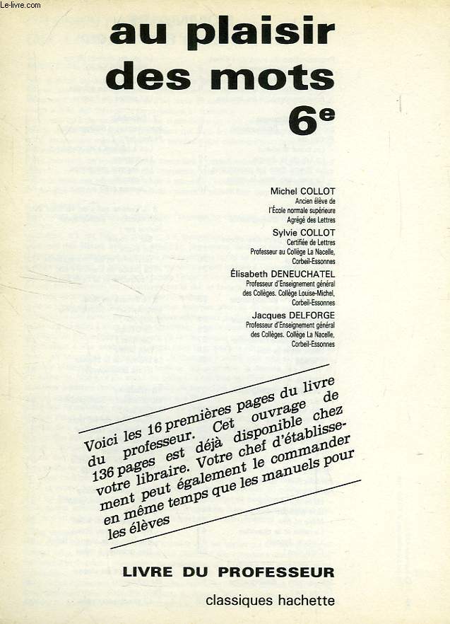 AU PLAISIR DES MOTS, 6e, EXTRAIT DU LIVRE DU PROFESSEUR