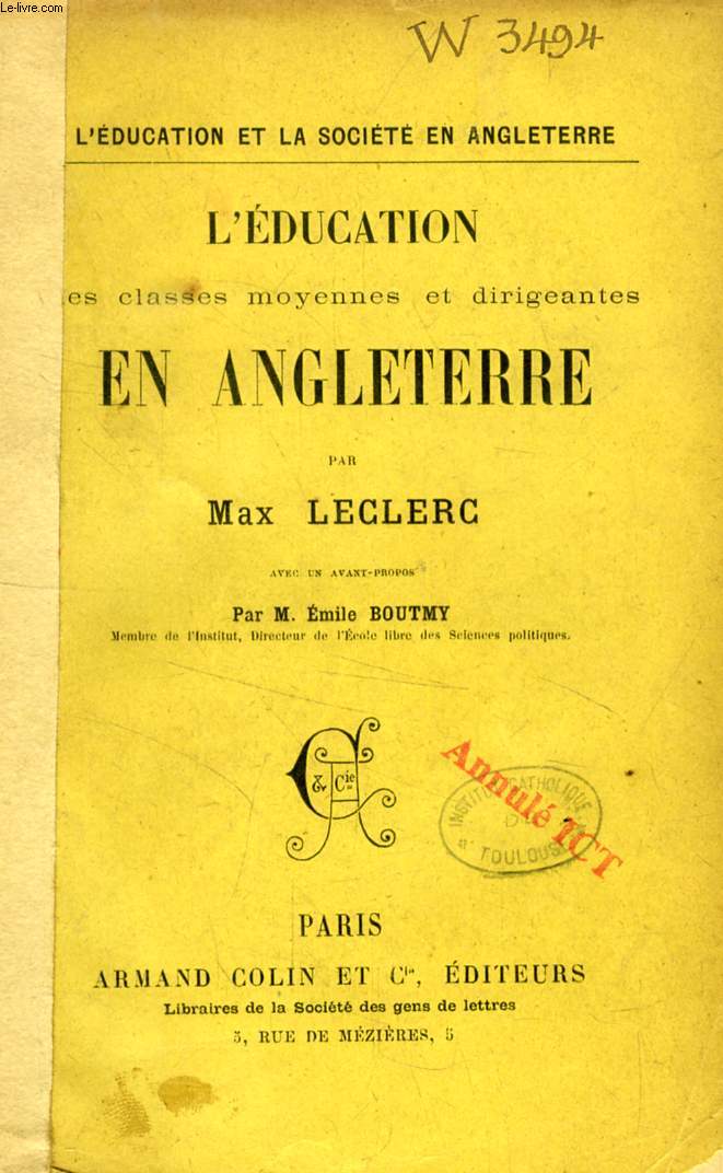 L'EDUCATION DES CLASSES MOYENNES ET DIRIGEANTES EN ANGLETERRE