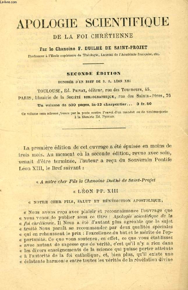 APOLOGIE SCIENTIFIQUE DE LA FOI CHRETIENNE (EXTRAIT)