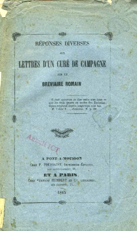 REPONSES DIVERSES AUX LETTRES D'UN CURE DE CAMPAGNE SUR LE BREVIAIRE ROMAIN