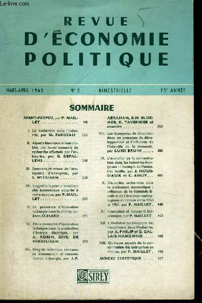 REVUE D'ECONOMIE POLITIQUE - MARS-AVRIL 1965 - N2 - BIMESTRIELLE - 75 ANNEE - NUMERO SPECIAL DE LA REVUE D'ECONOMIE POLITIQUE REALISE SOUS LA DIRECTION DE P. MAILLET