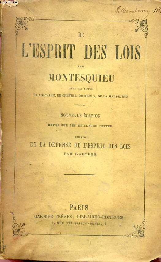 DE L'ESPRIT DES LOIS, Suivi de LA DEFENSE DE L'ESPRIT DES LOIS