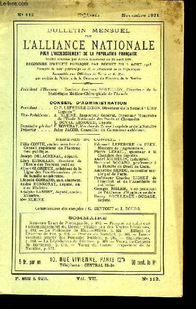 Revue de l'Alliance Nationale pour l'Accroissement de la population franaise. N 112, 22me anne.
