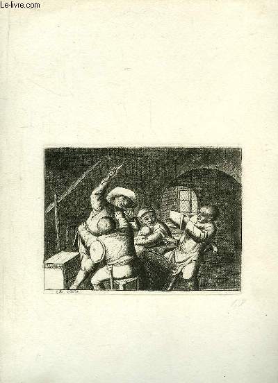 Gravure originale en noir et blanc, de 3 hommes et une femme se disputant  la lame, lors d'une partie de cartes.