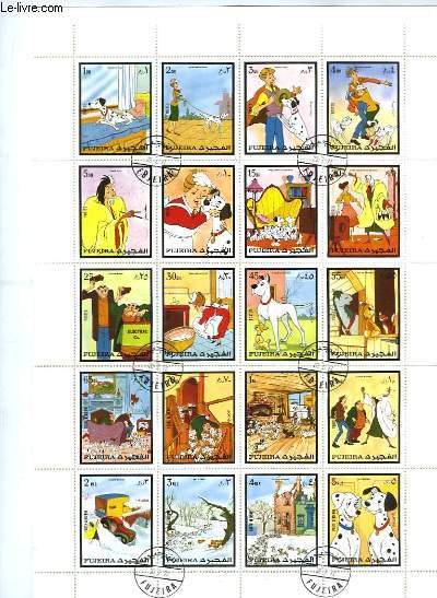 Collection de 20 timbres-poste oblitrs (en planche), de Walt Disney. Srie : Les 101 Dalmatiens. Fujeira.