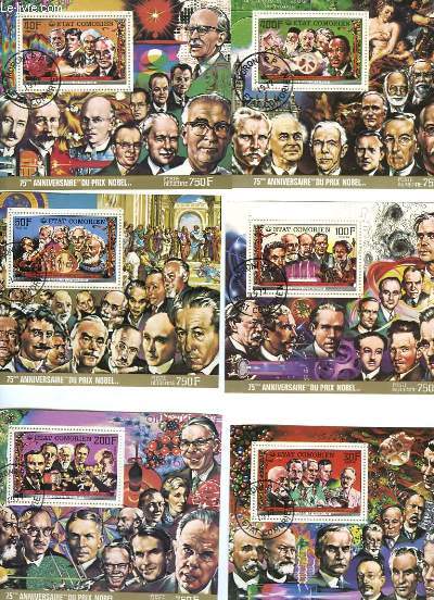Collection de 7 de timbres-poste oblitrs (parmi lequels 6 sont en double exemplaire), de l'Etat Comorien. Les Prix Nobel, 75e anniversaire du Prix Nobel.