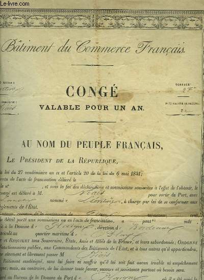 Cong de sortie de Port, dlivr  la Lanche, la 