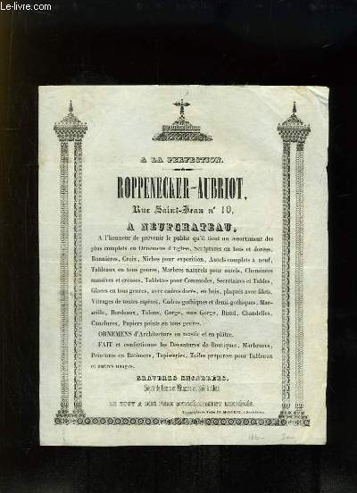 Prospectus Roppenecker-Aubriot  Neufchateau - Ornemens d'Eglise, Sculptures en bois et dores, Bannires, Croix, Niches pour ecposition, Autels complets ...