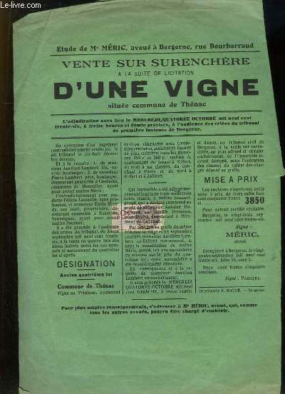 Affiche de la Vente sur Surenchne  la suite d'une Vigne situe commune de Thnac