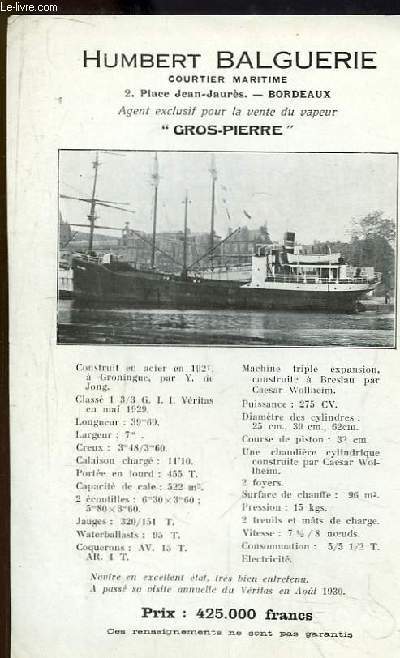 Prospectus de la vente d'un bateau vapeur, le 