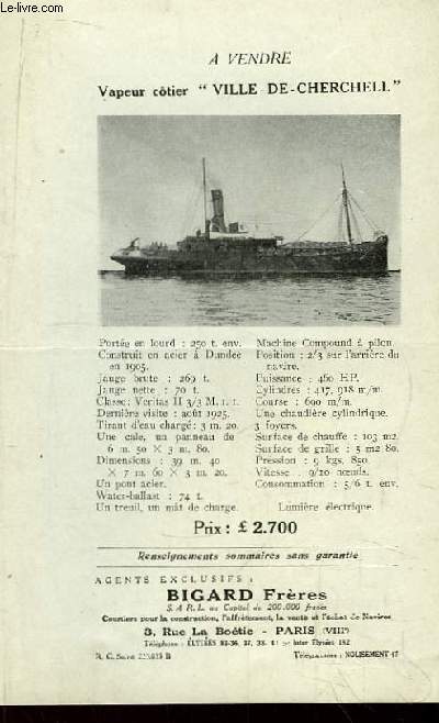 Prospectus de la vente d'un bateau Vapeur ctier 