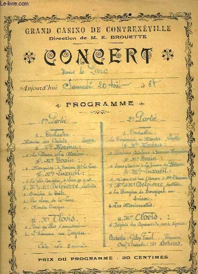 Programme du Grand Casino de Contrexeville, du 20 aot 1904 : Concert dans le Parc.