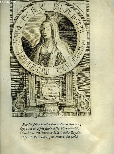 Une Gravure, XVIIIe sicle, en noir et blanc de Blanche, l'Epouse du Roy Charles dit Le Bel et de Marie, Epouse du Roy Charles IV dit Le Bel.